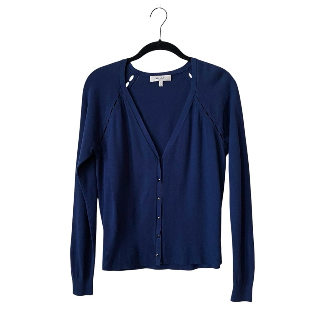 Milly Cardigan Women's Size L Navy Blue Button Front Cutouts Lightweight V-Neck